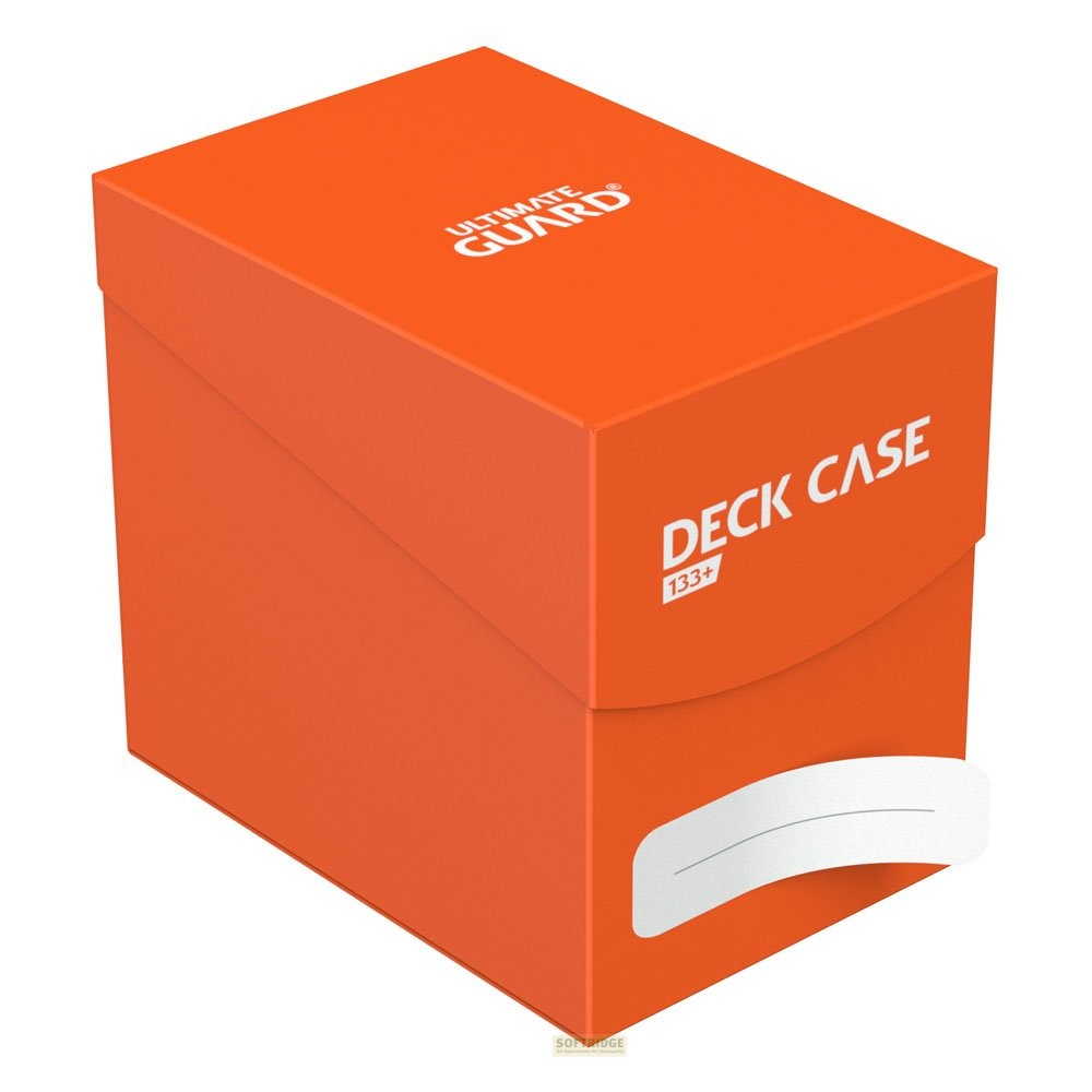 Boîte de deck Ultimate Guard 133+ orange avec inscription blanche sur fond blanc.