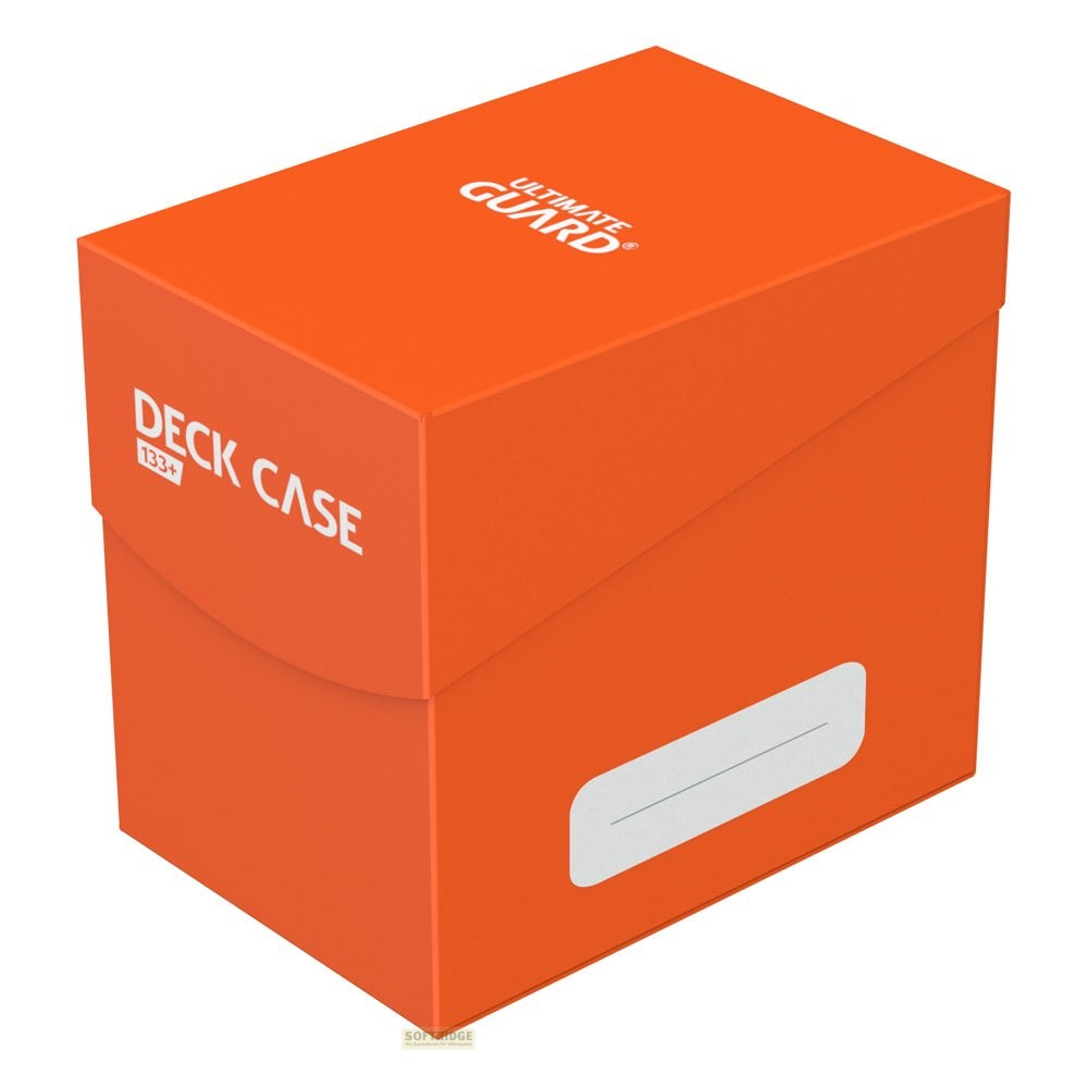 Boîte de deck Ultimate Guard 133+ orange avec texte blanc et zone d'étiquette sur fond blanc.
