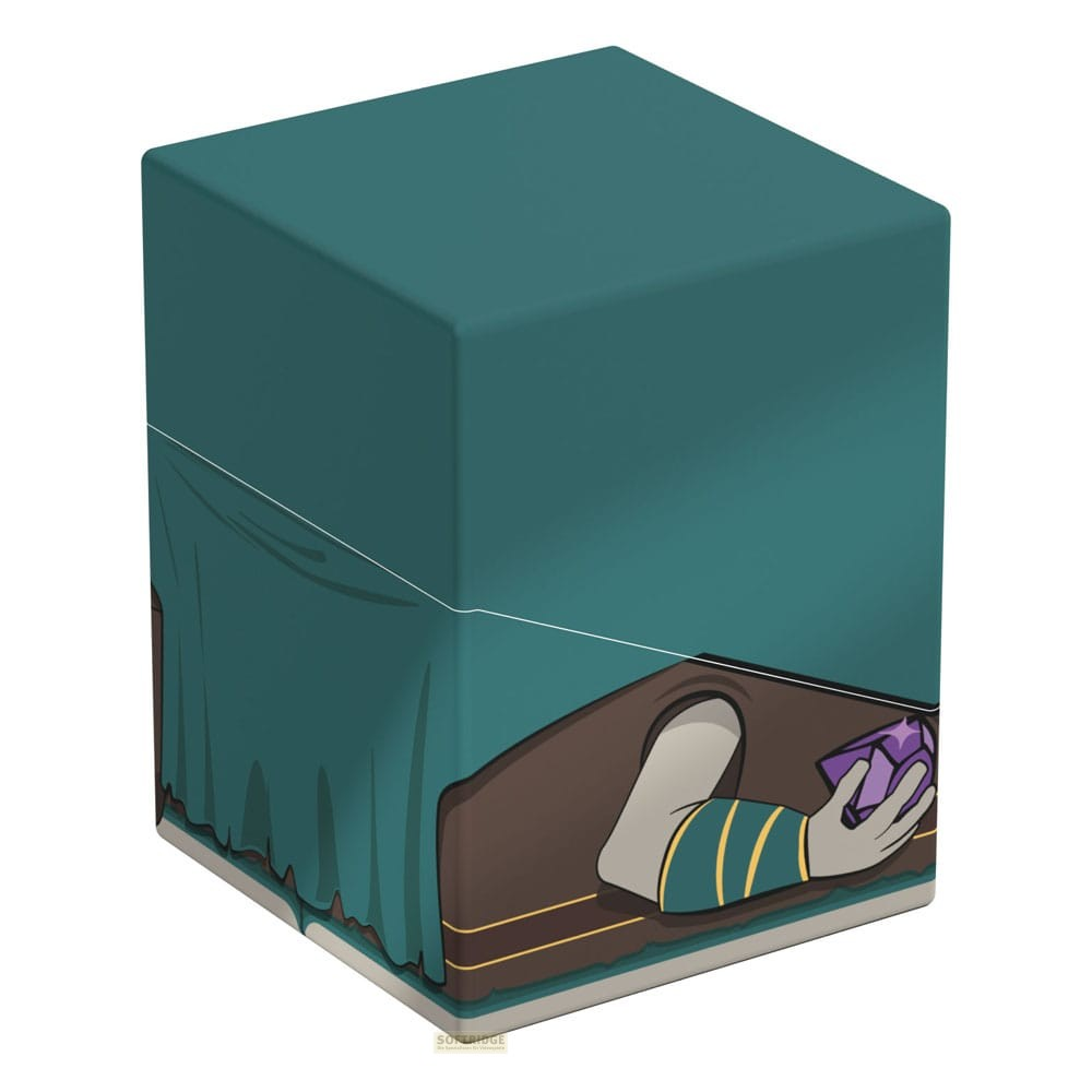 Une boîte verte de style dessin animé montre un bras sortant d'une pièce sombre, tenant une gemme violette.