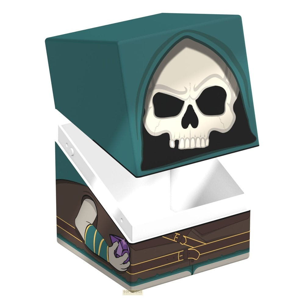 Une boîte de jeu avec un crâne encapuchonné tenant un cristal violet.