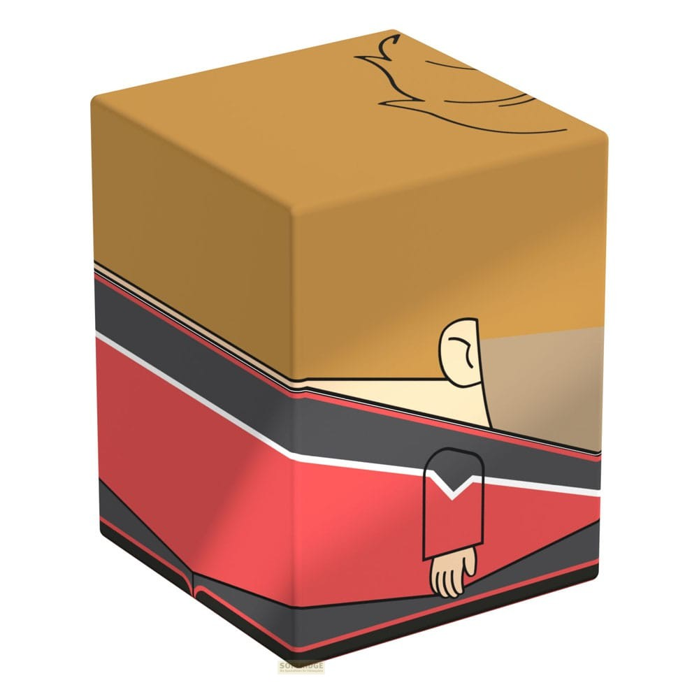 Une boîte carrée présente l'illustration graphique d'une personne vêtue d'un costume rouge et noir.
