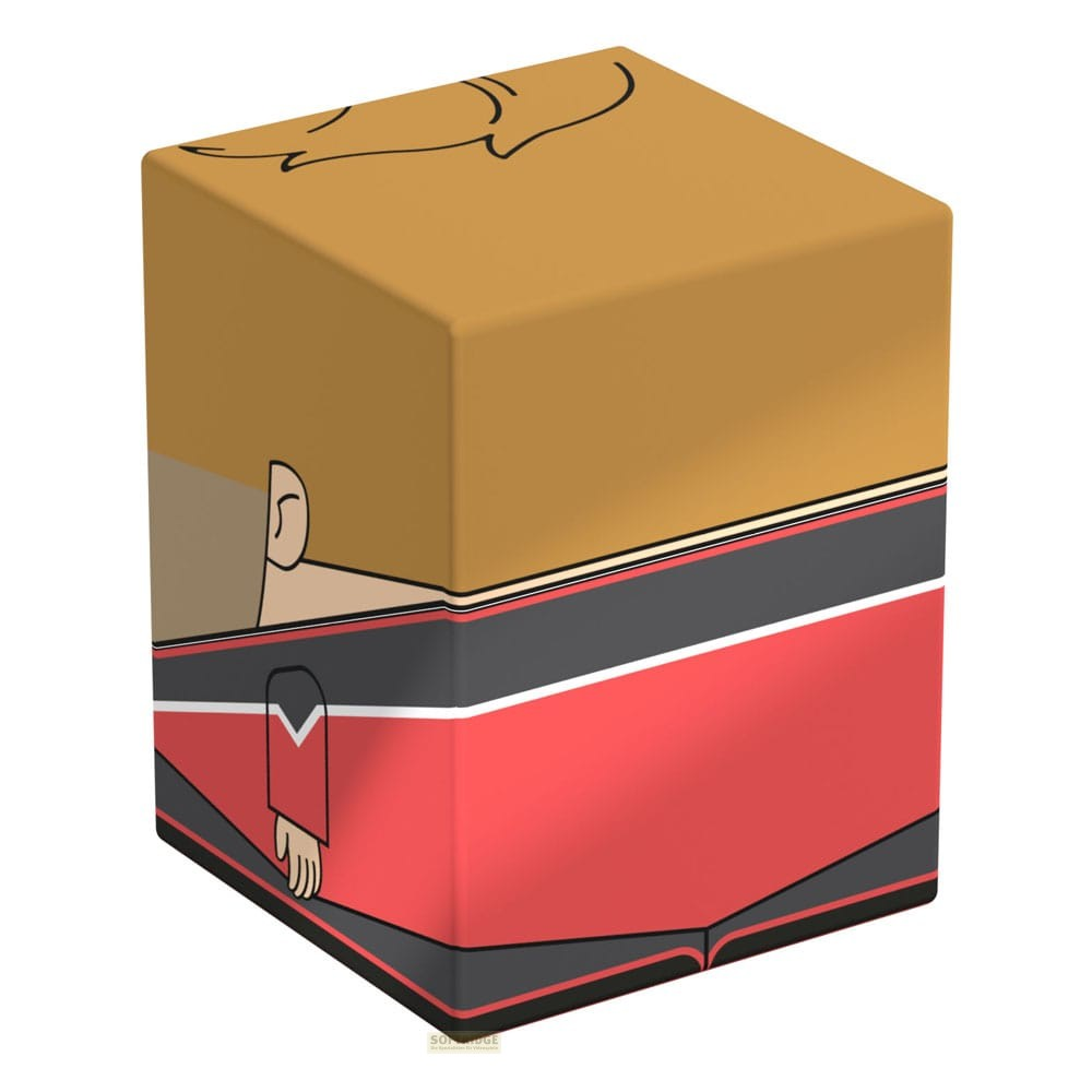 Un cube jaune avec un personnage de dessin animé en vêtements rouges et noirs sur fond blanc.
