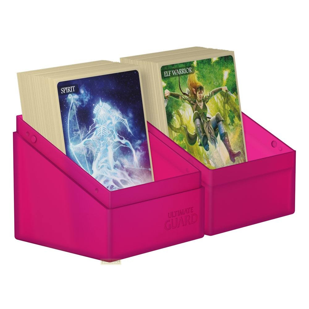 Deux boîtes de deck Ultimate Guard roses avec des jeux de cartes, Spirit et Elf Warrior.
