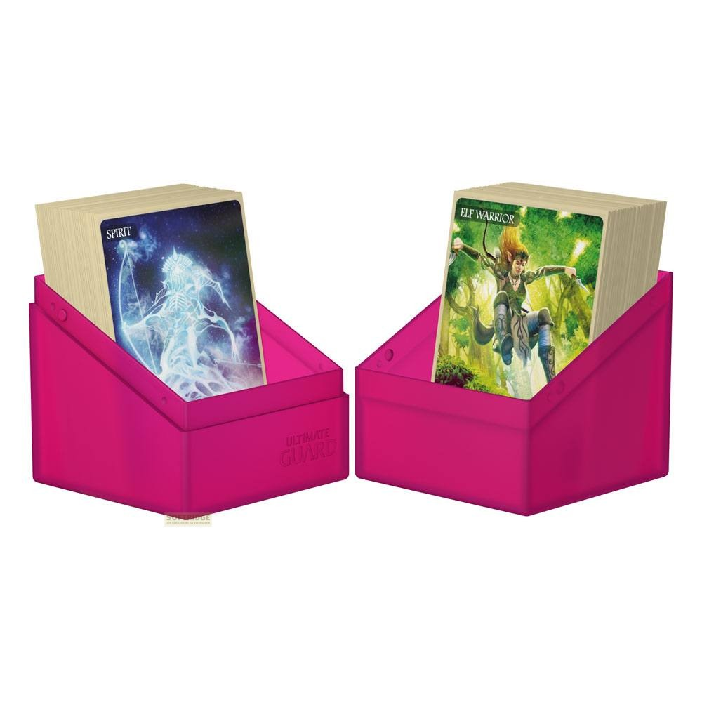 Deux boîtes de cartes roses remplies de decks, avec des cartes Spirit et Elf Warrior sur fond blanc.