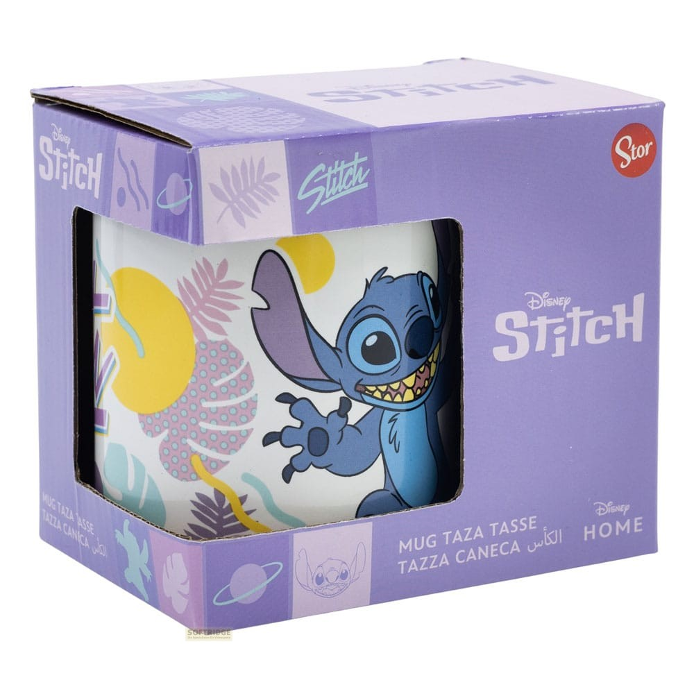Eine Disney Stitch Tasse in einer lila Box mit tropischen Mustern und Stitch-Motiv.