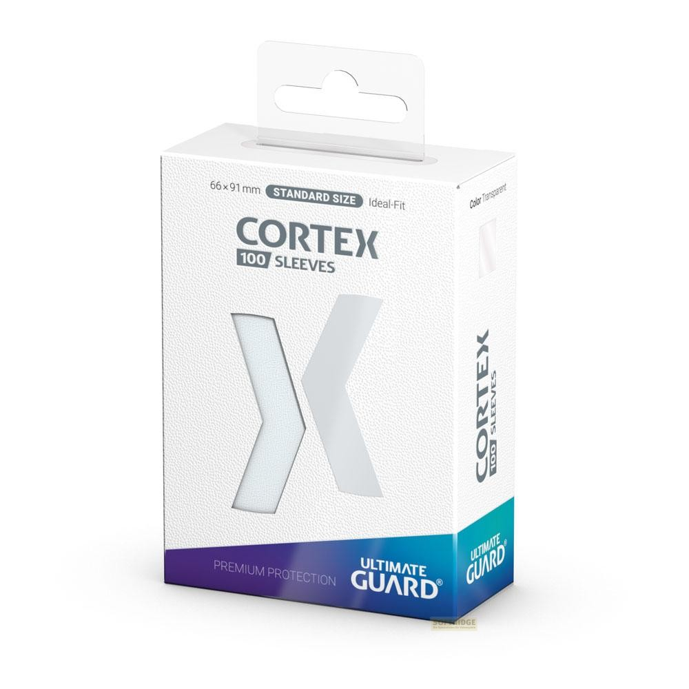 Boîte de protège-cartes blanche Cortex Ultimate Guard avec un grand X et des accents bleus sur fond blanc.