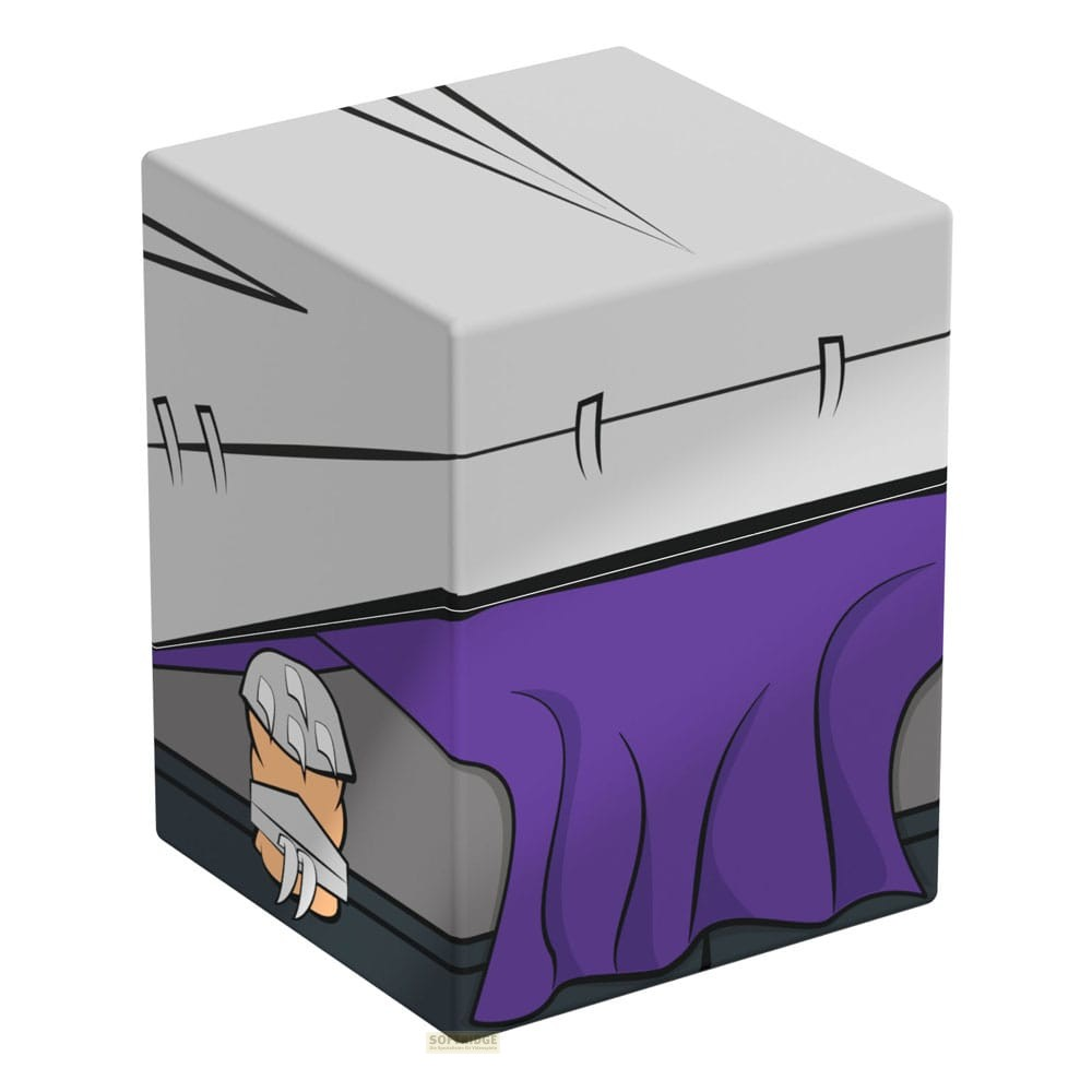 Un cube aux graphismes de BD grise et drapé mauve laissant voir une jambe.