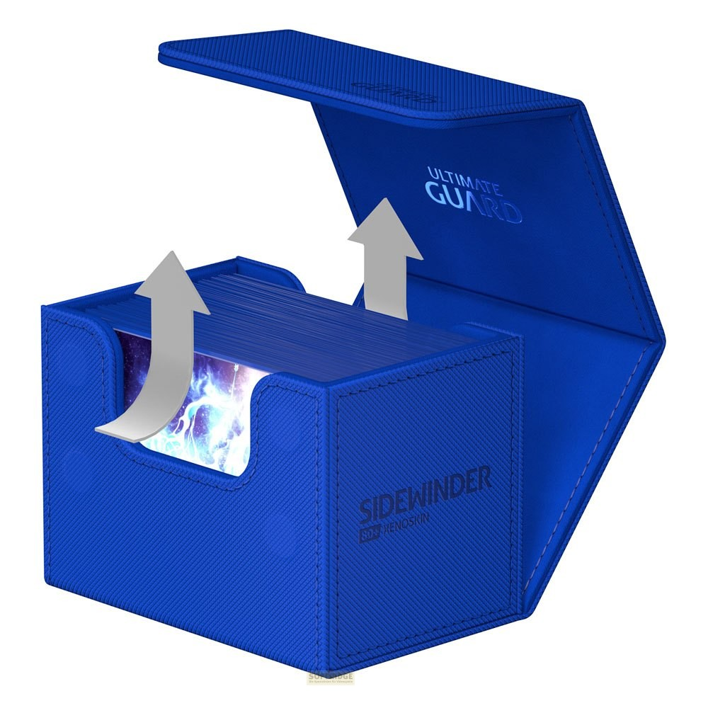 Boîte de jeu de cartes bleue Ultimate Guard Sidewinder avec deux flèches grises montantes montrant les cartes.
