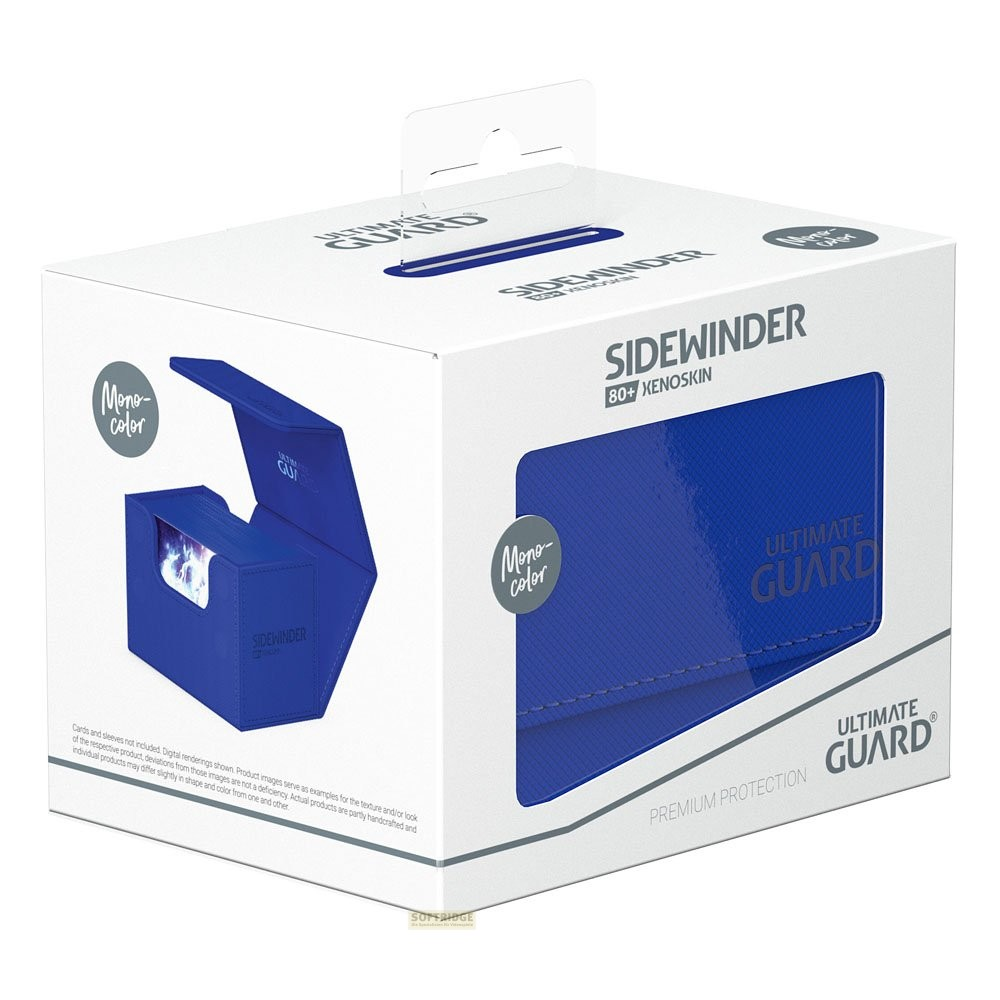 Boîte de cartes Ultimate Guard Sidewinder bleue dans son emballage blanc.