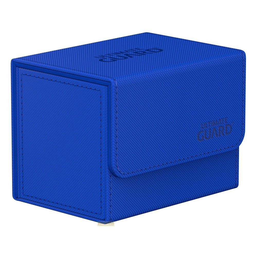 Une boîte de cartes bleue Ultimate Guard avec surface texturée et logo en relief sur fond blanc.