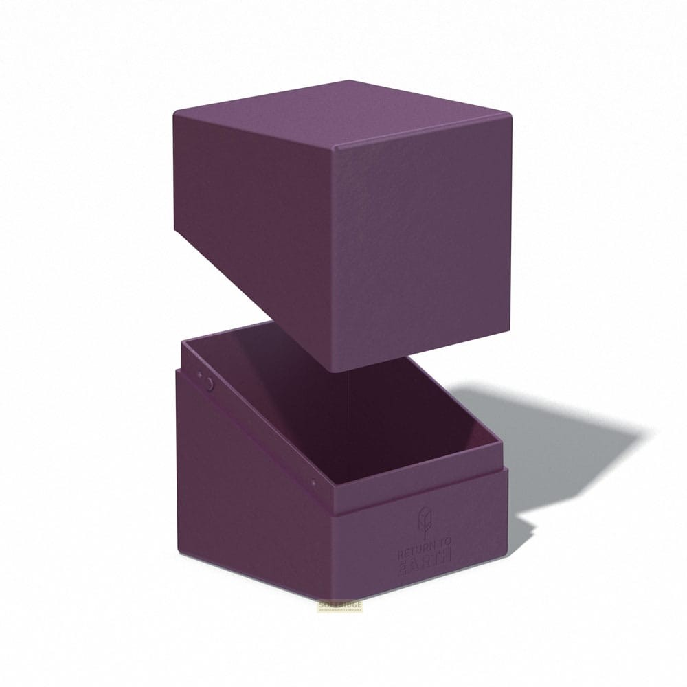 Une boîte en carton violette ouverte sur fond blanc avec une ombre légère.
