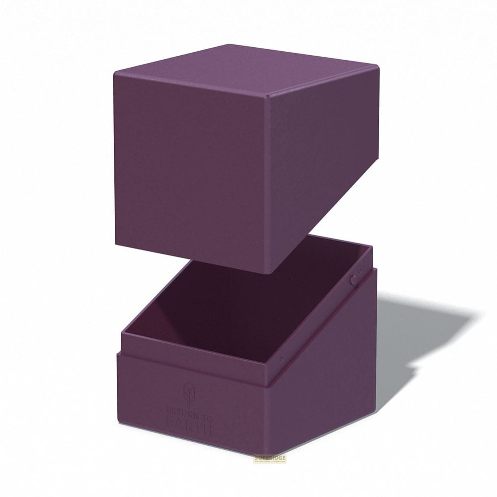 Une boîte de deck en carton violette ouverte sur fond blanc avec une ombre.
