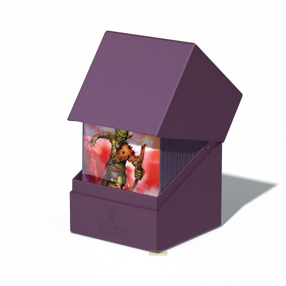 Boîte à cartes violette avec couvercle ouvert contenant des cartes illustrées d'un gobelin.