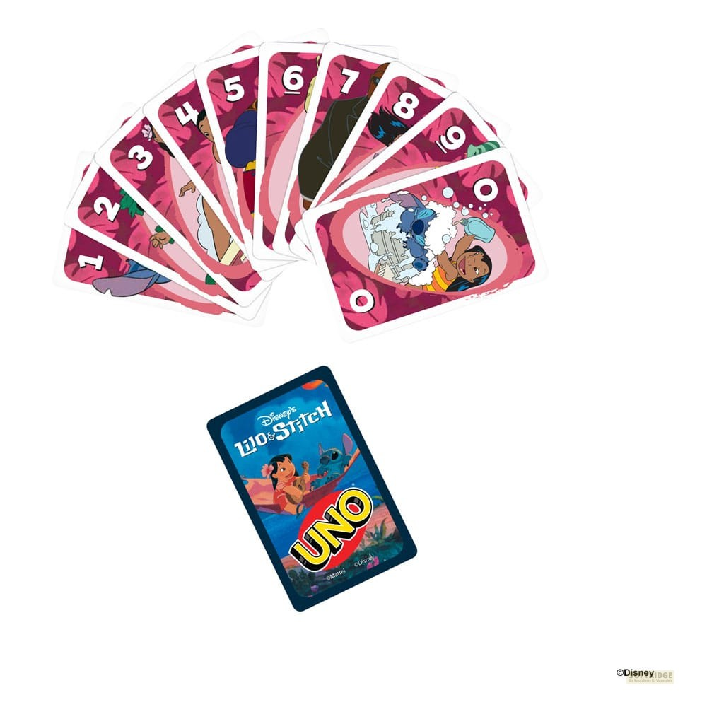 Lilo-und-Stitch-Uno-Karten fächern sich über einem verdeckten blauen Stapel auf.
