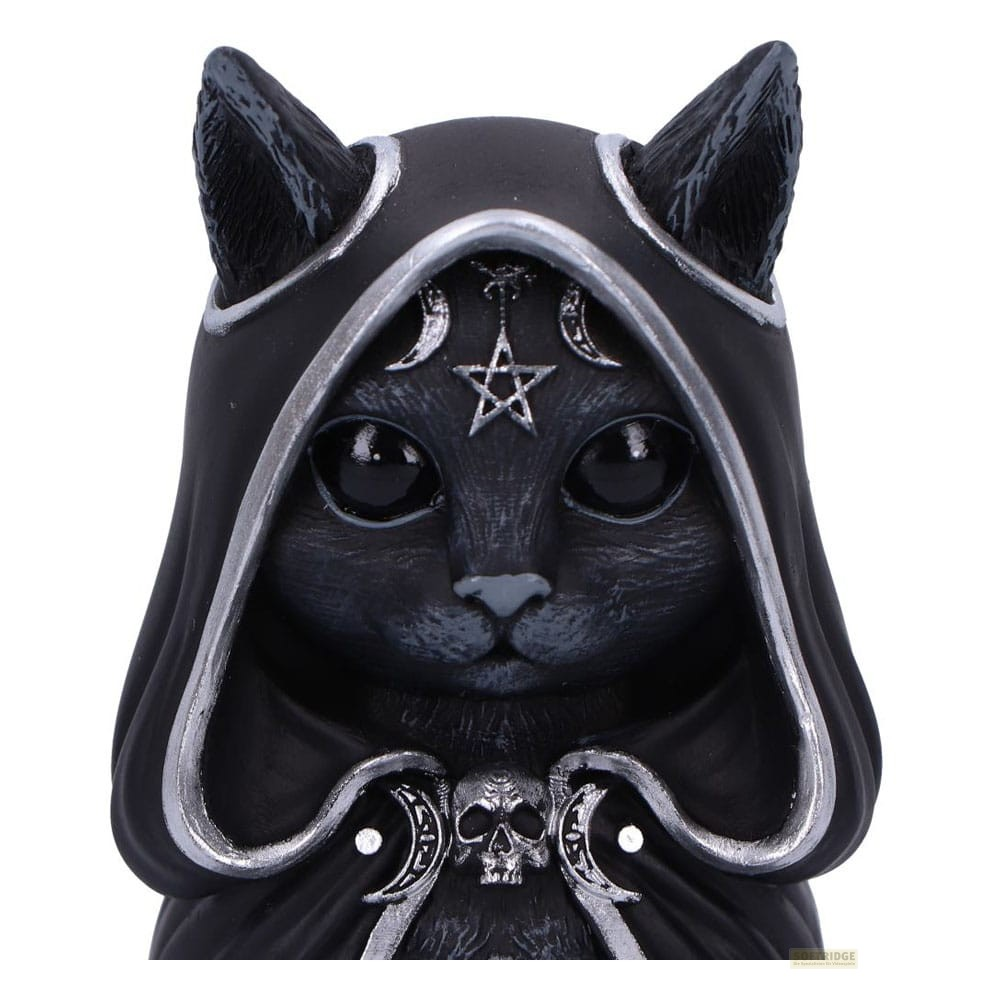 Figurita de gato negro con capucha, decorada con pentagrama plateado, lunas crecientes y cráneo sobre fondo blanco.