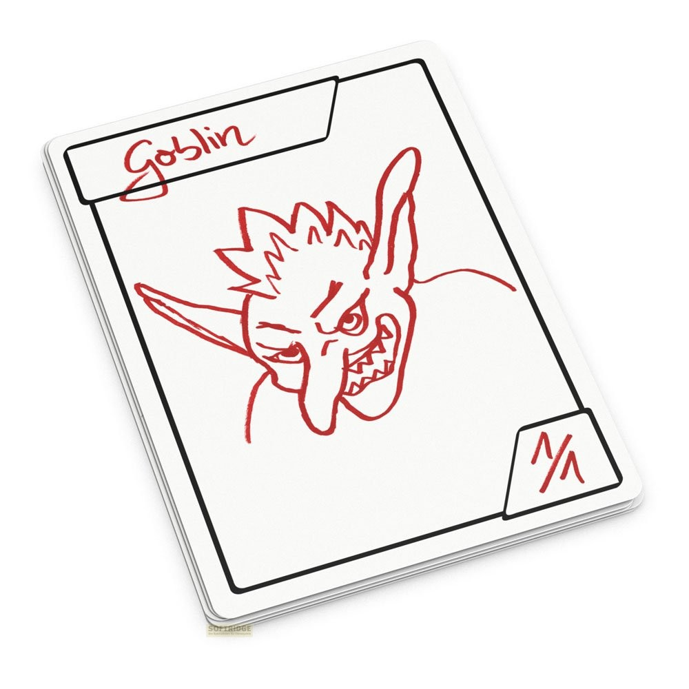 Une carte à jouer blanche avec un dessin rouge d'un gobelin et le texte Goblin.