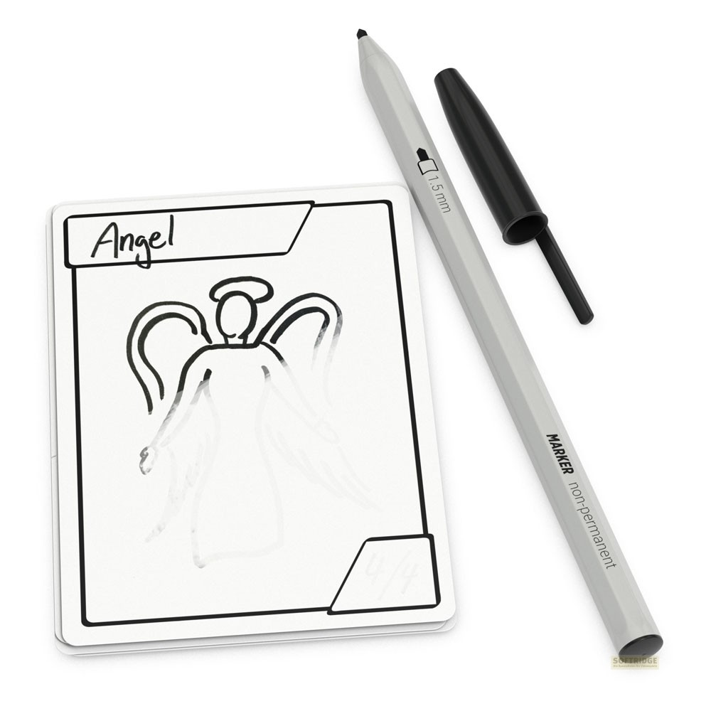 Une carte blanche avec le dessin d'un ange et le mot Angel, à côté d'un feutre gris avec un capuchon noir.