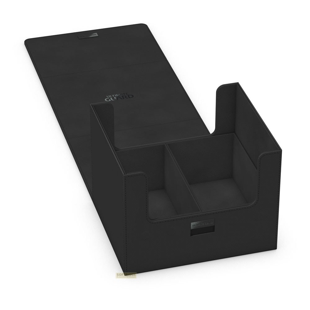 Boîte de pont noire ouverte avec deux compartiments et un long couvercle pliable sur fond blanc.