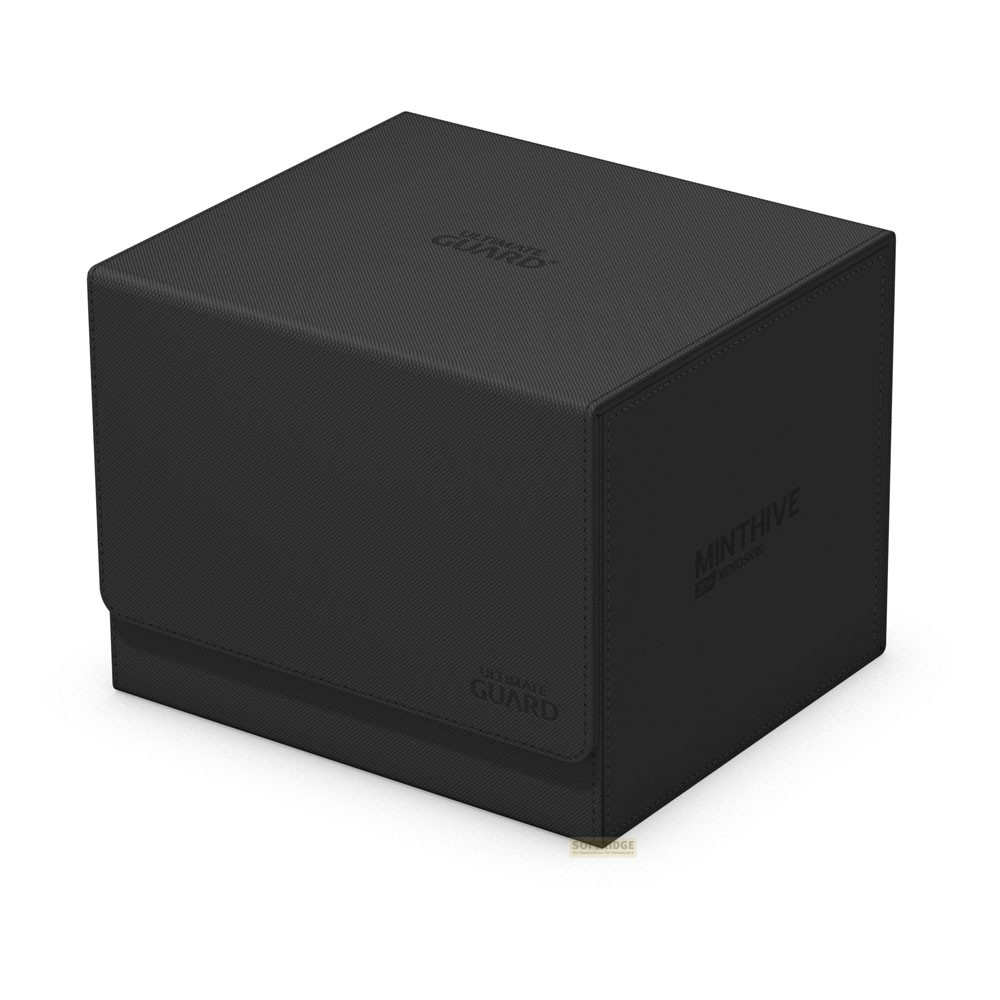 Une boîte de cartes noire et fermée Ultimate Guard Minthive 30+ Xenoskin sur fond blanc.