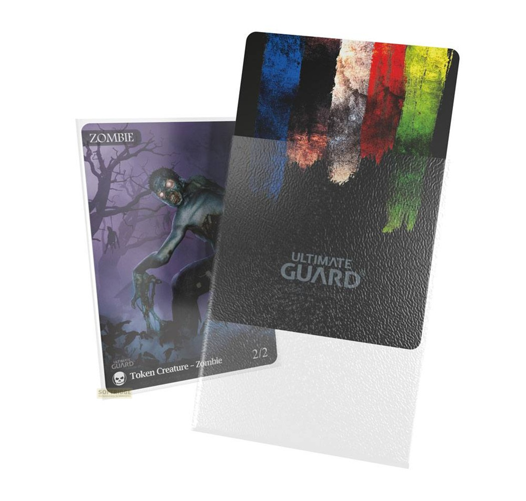 Une carte de jeton Zombie dans une pochette de protection avec des coups de pinceau colorés et le logo Ultimate Guard.