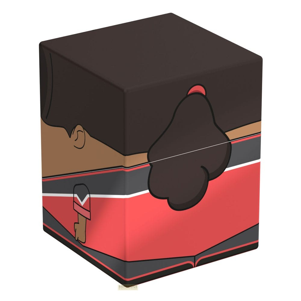 Une boîte carrée représentant l'illustration de dessin animé d'une personne aux cheveux sombres en rouge et noir.