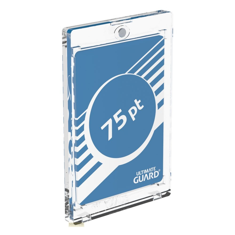 Un porte-carte transparent en acrylique contenant une carte bleue avec l'inscription '75 pt'.