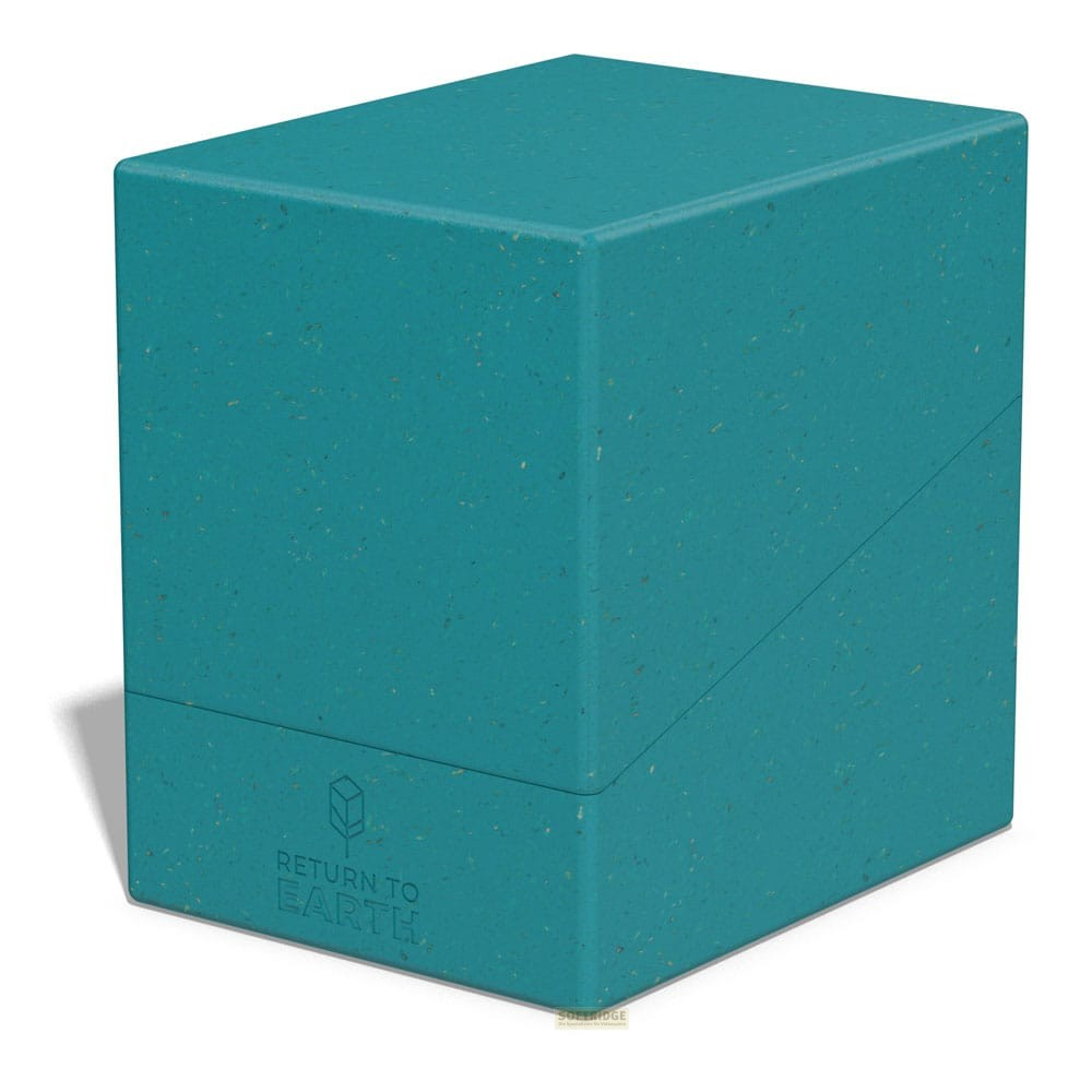 Une boîte de deck turquoise mouchetée étiquetée "RETURN TO EARTH" sur fond blanc.