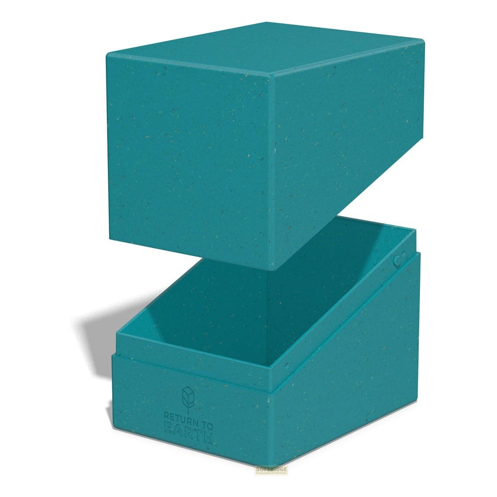 Une boîte de rangement turquoise et mouchetée avec le couvercle retiré.