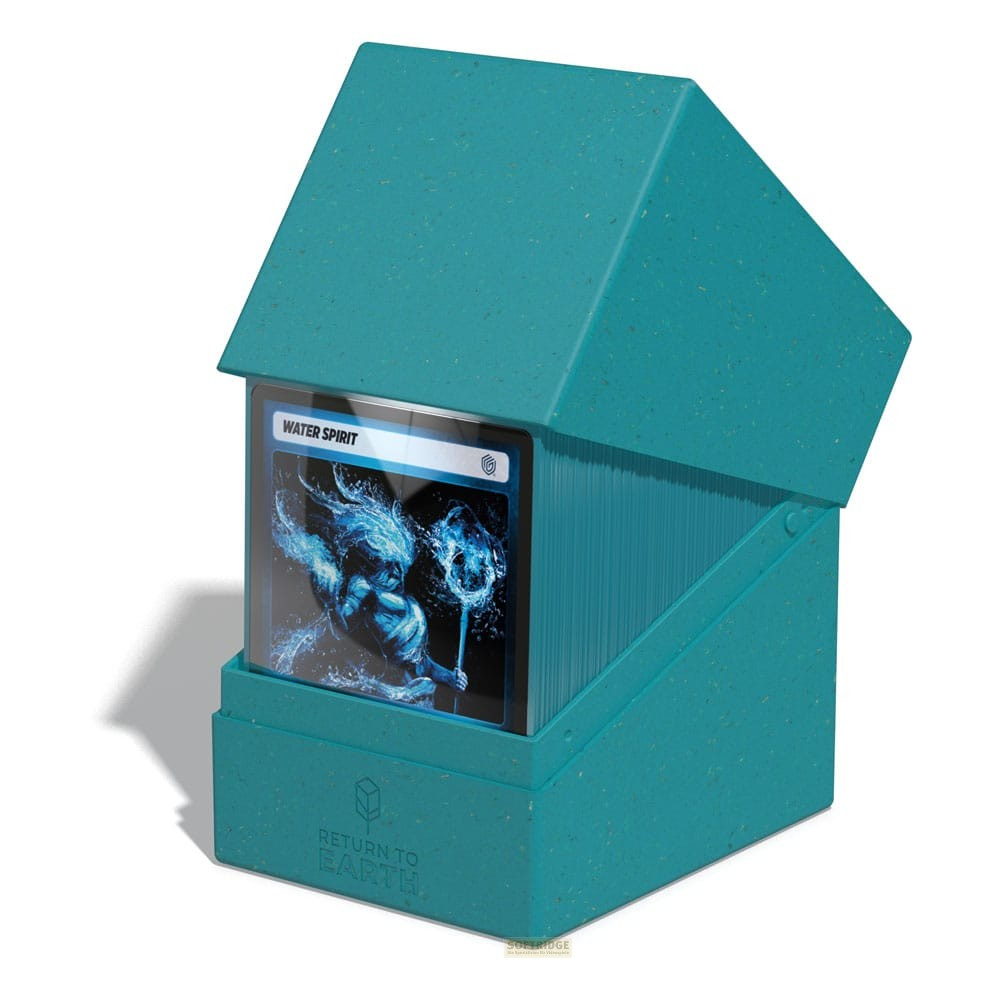 Une boîte de deck turquoise texturée avec un couvercle ouvert et une carte Esprit de l'Eau visible.