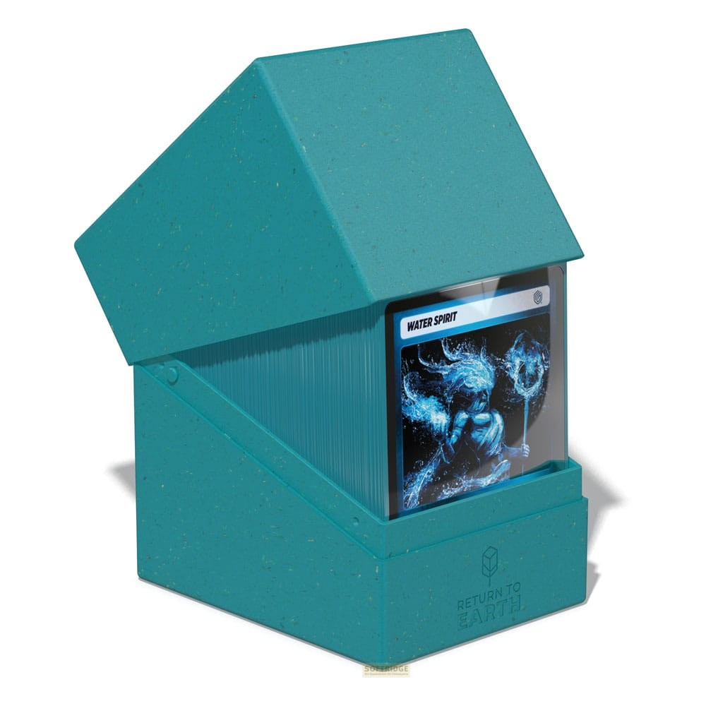 Boîte de deck turquoise contenant des cartes à collectionner, avec 'Water Spirit' sur la carte avant, étiquetée.