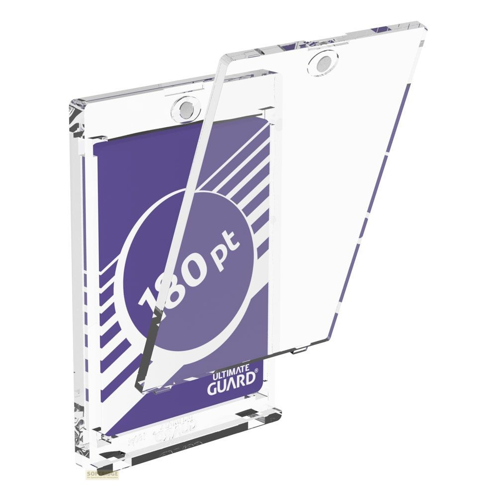 Un porte-cartes à collectionner en acrylique ouvert avec le texte 180 pt et Ultimate Guard.
