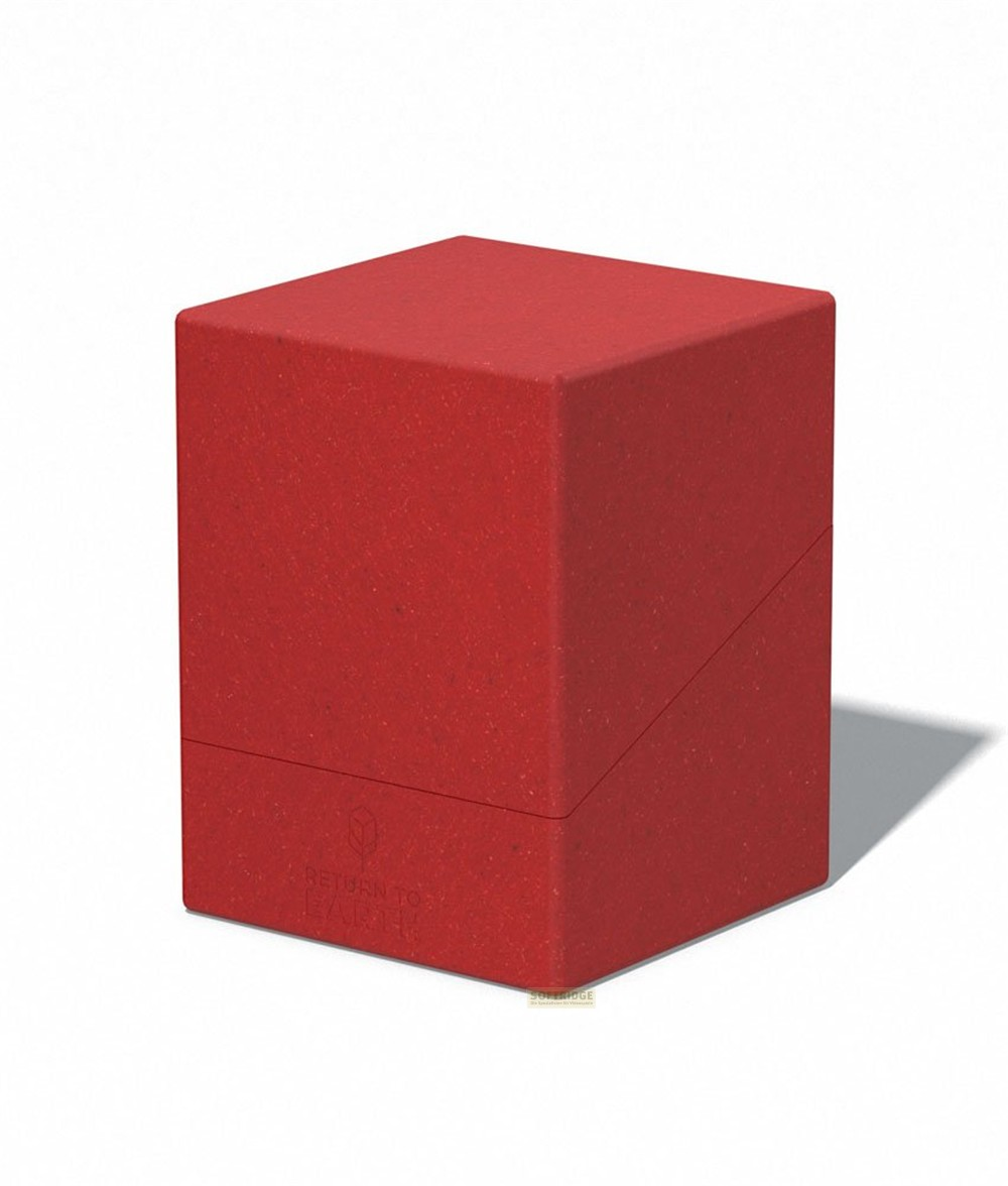 Une boîte de deck rouge mate pour cartes à collectionner sur fond blanc.