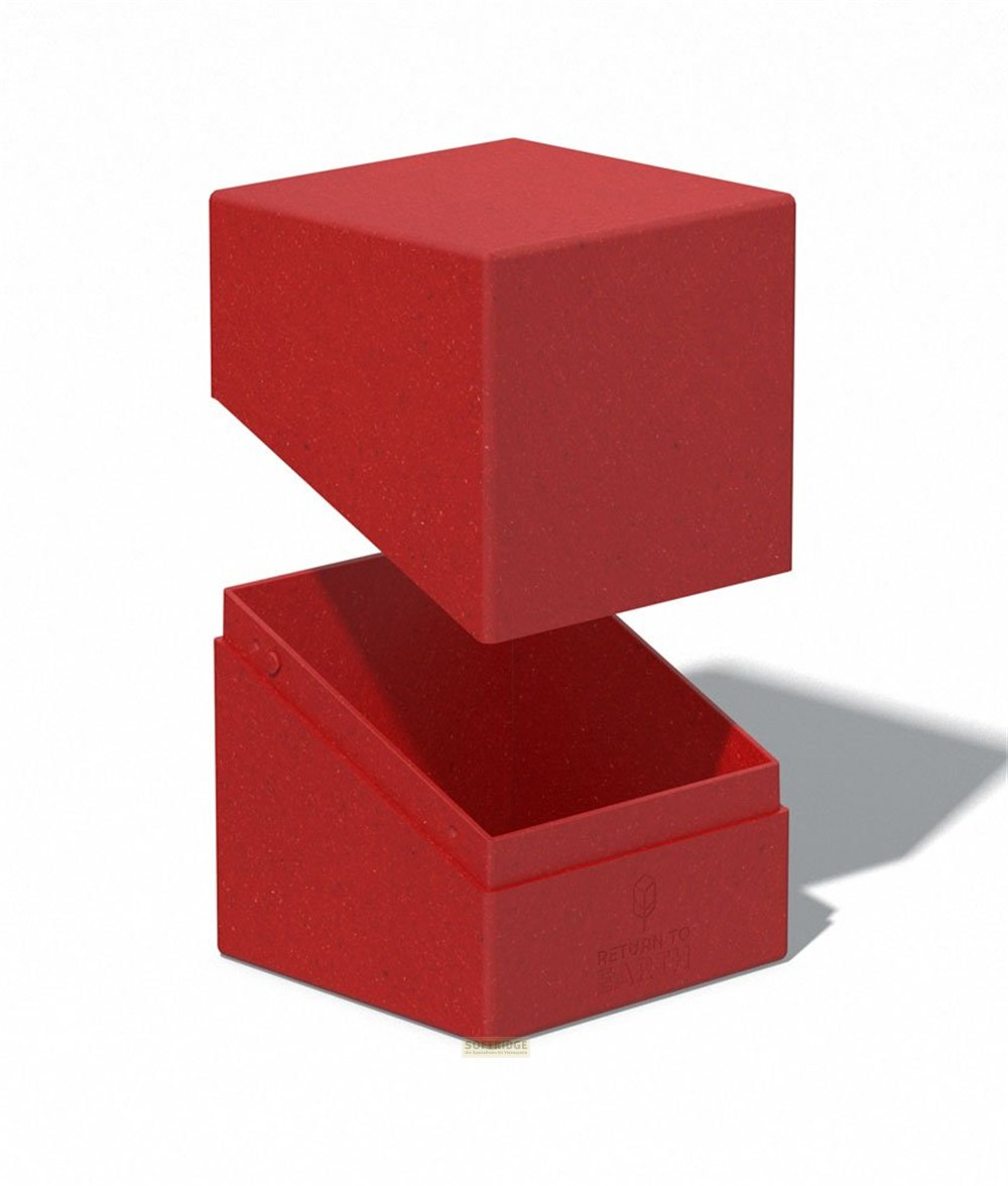 Une boîte rouge avec le couvercle soulevé sur fond blanc.