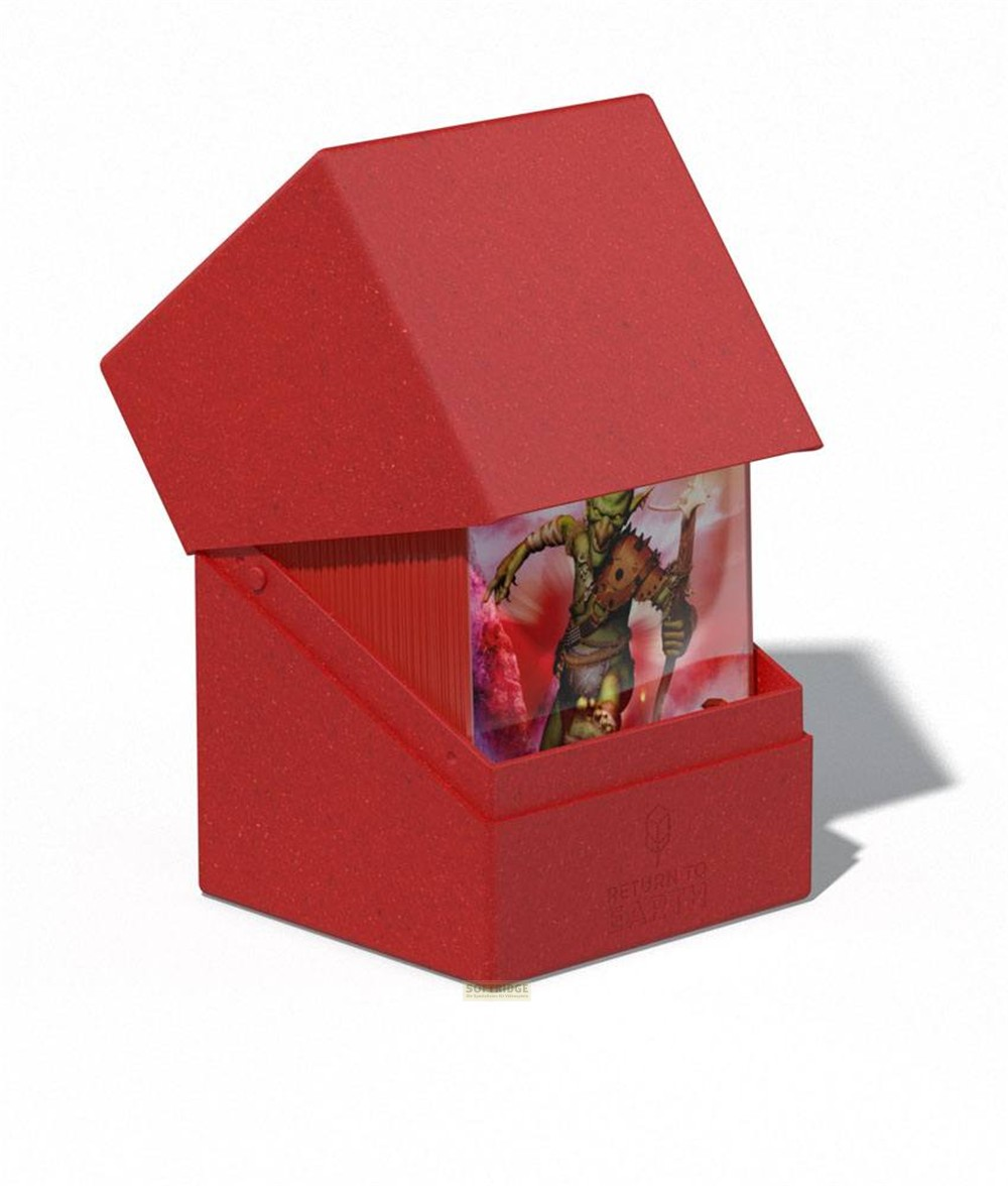 Une boîte de deck rouge avec un couvercle ouvert révèle des cartes de gobelin.