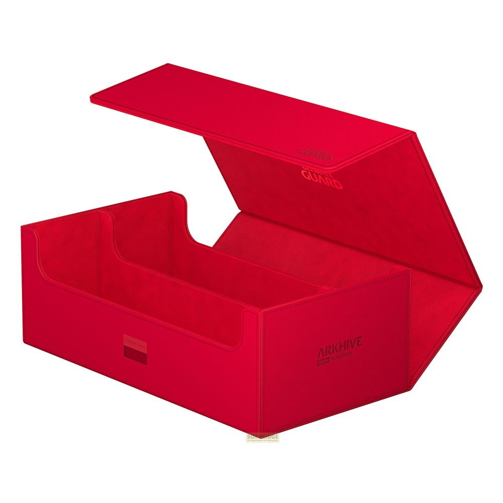 Une boîte de rangement rouge vif ouverte avec couvercle et séparateurs, étiquetée ARKHIVE.