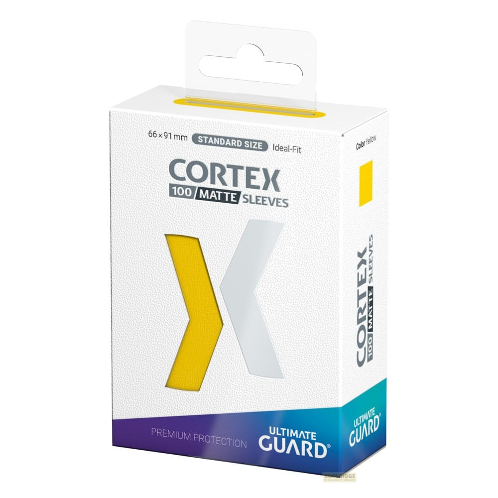 Boîte blanche avec des accents jaunes et gris pour Cortex Matte Sleeves d'Ultimate Guard.