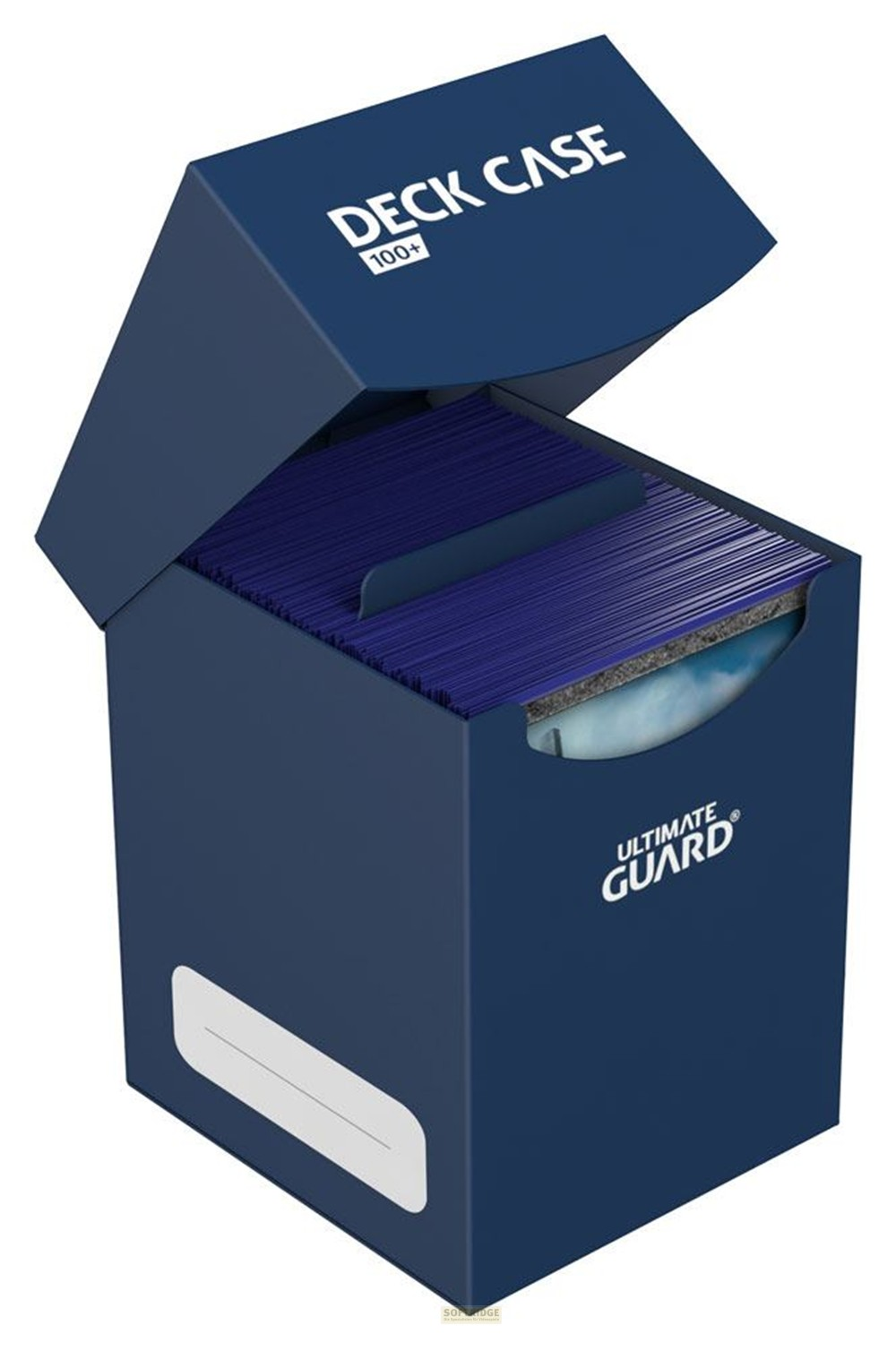 Boîte de deck Ultimate Guard 100+ bleue avec couvercle ouvert, remplie de cartes bleues et d'un séparateur.