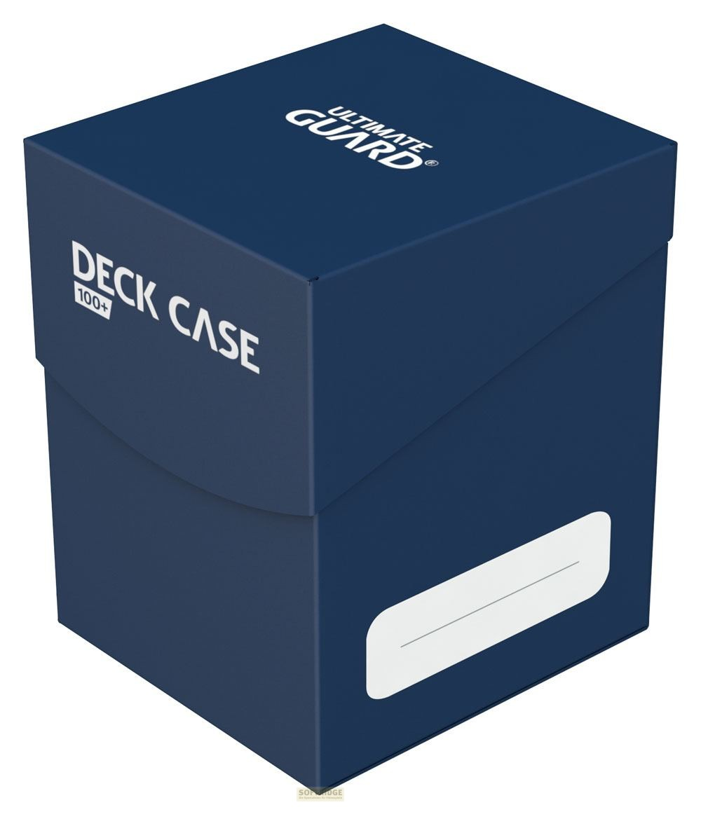 Boîte de cartes bleue Ultimate Guard Deck Case 100+ avec étiquette.