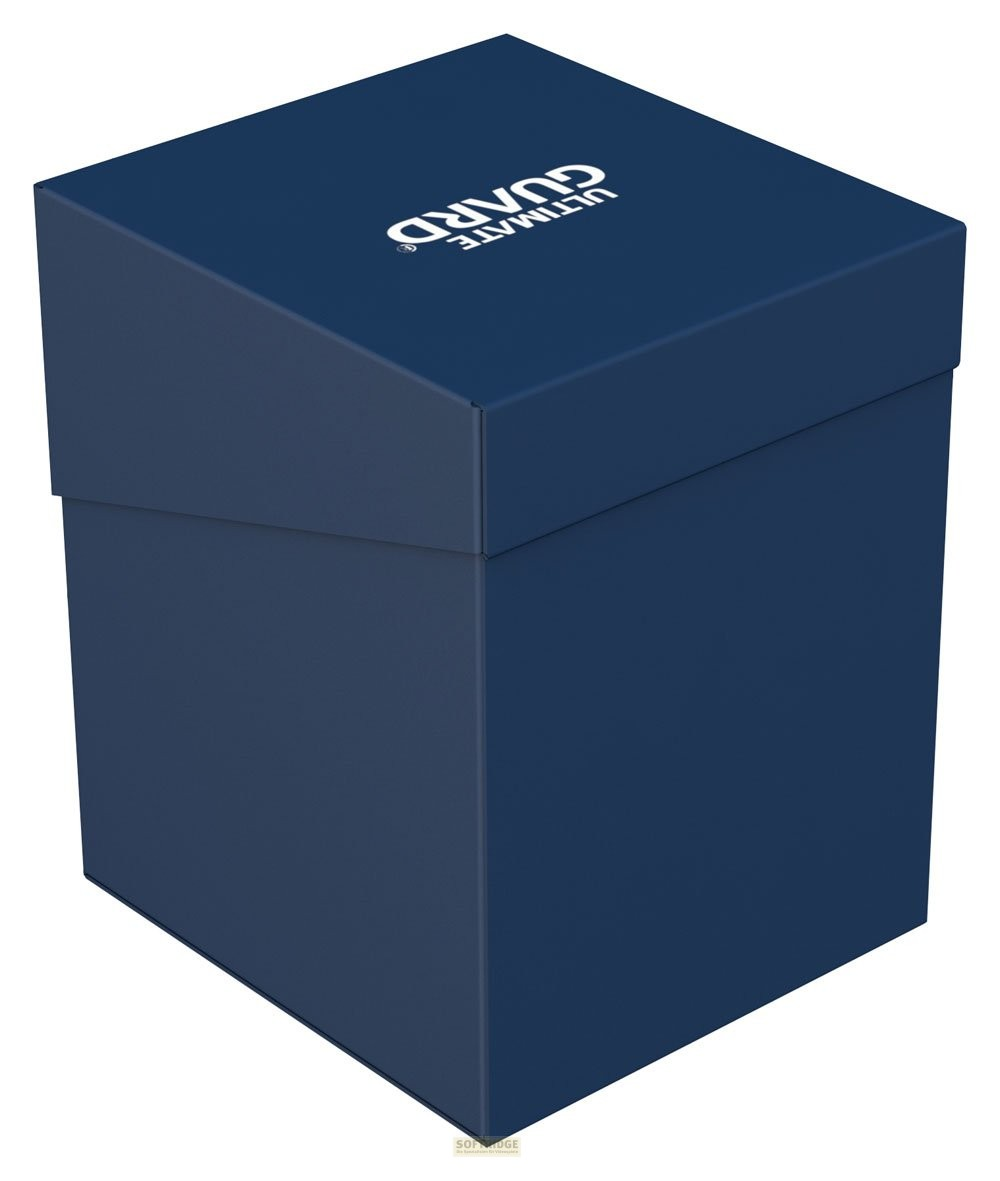 Une boîte de cartes bleu foncé Ultimate Guard avec un logo blanc.