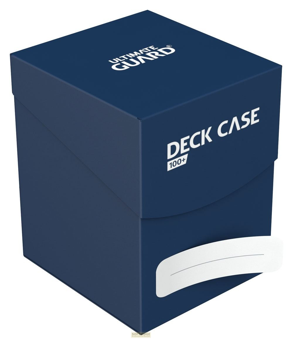 Une boîte de deck bleue Ultimate Guard Deck Case 100+ avec une étiquette blanche à l'avant.
