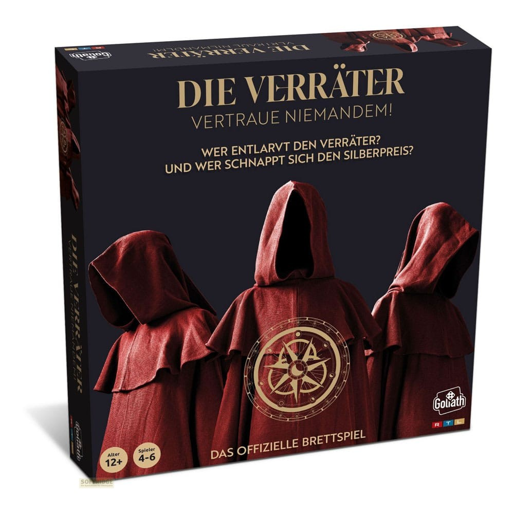 Boîte de jeu de société montrant trois personnes en capes rouges sur fond sombre.