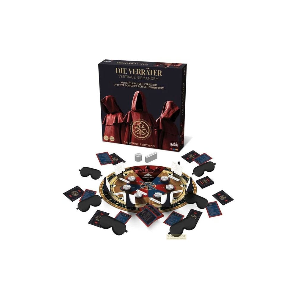 Le jeu de société "Die Verräter" avec boîte, plateau circulaire, cartes, masques et pions.