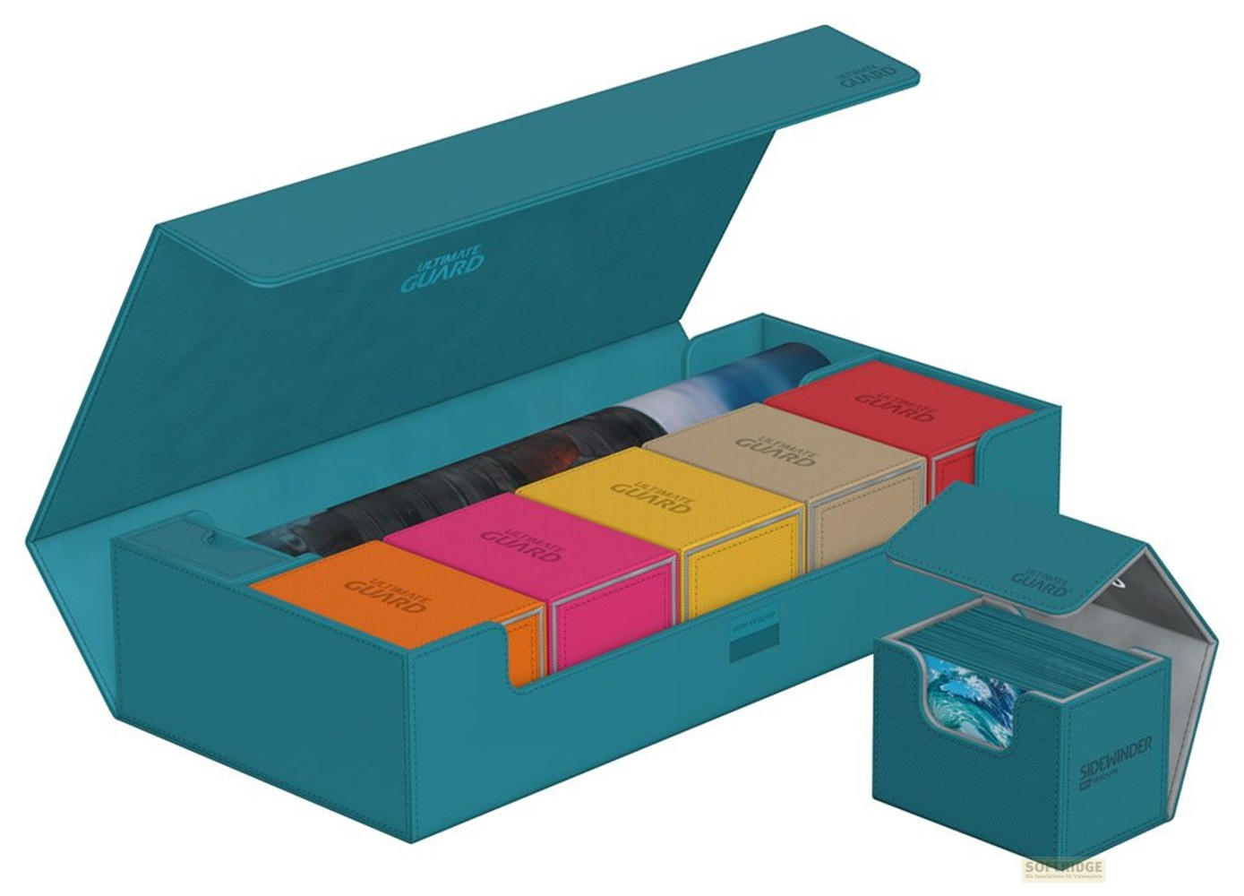 Une boîte turquoise Ultimate Guard avec des boîtes de deck colorées et un tapis.