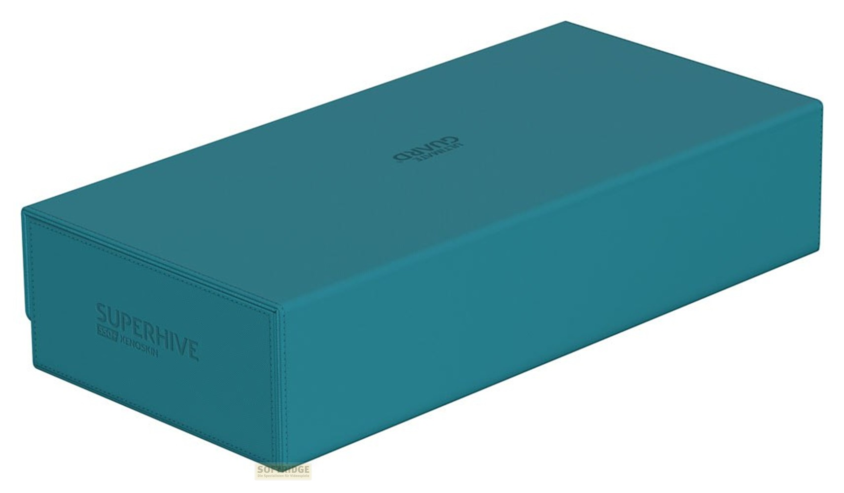 Une boite de rangement Superhive Xenoskin rectangulaire bleu petrole fermee sur fond blanc.