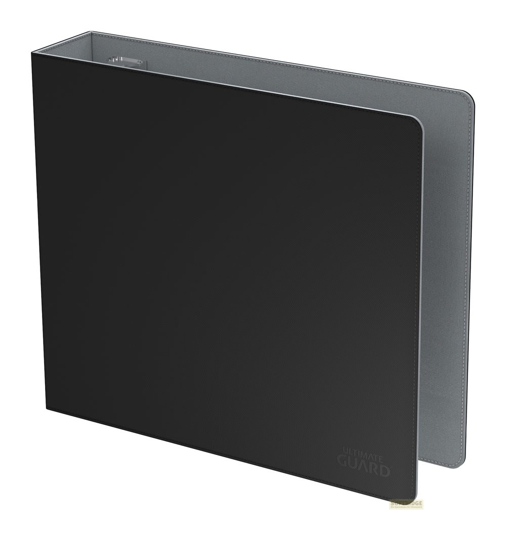 Un classeur à anneaux noir avec intérieur gris et surface texturée sur fond blanc.