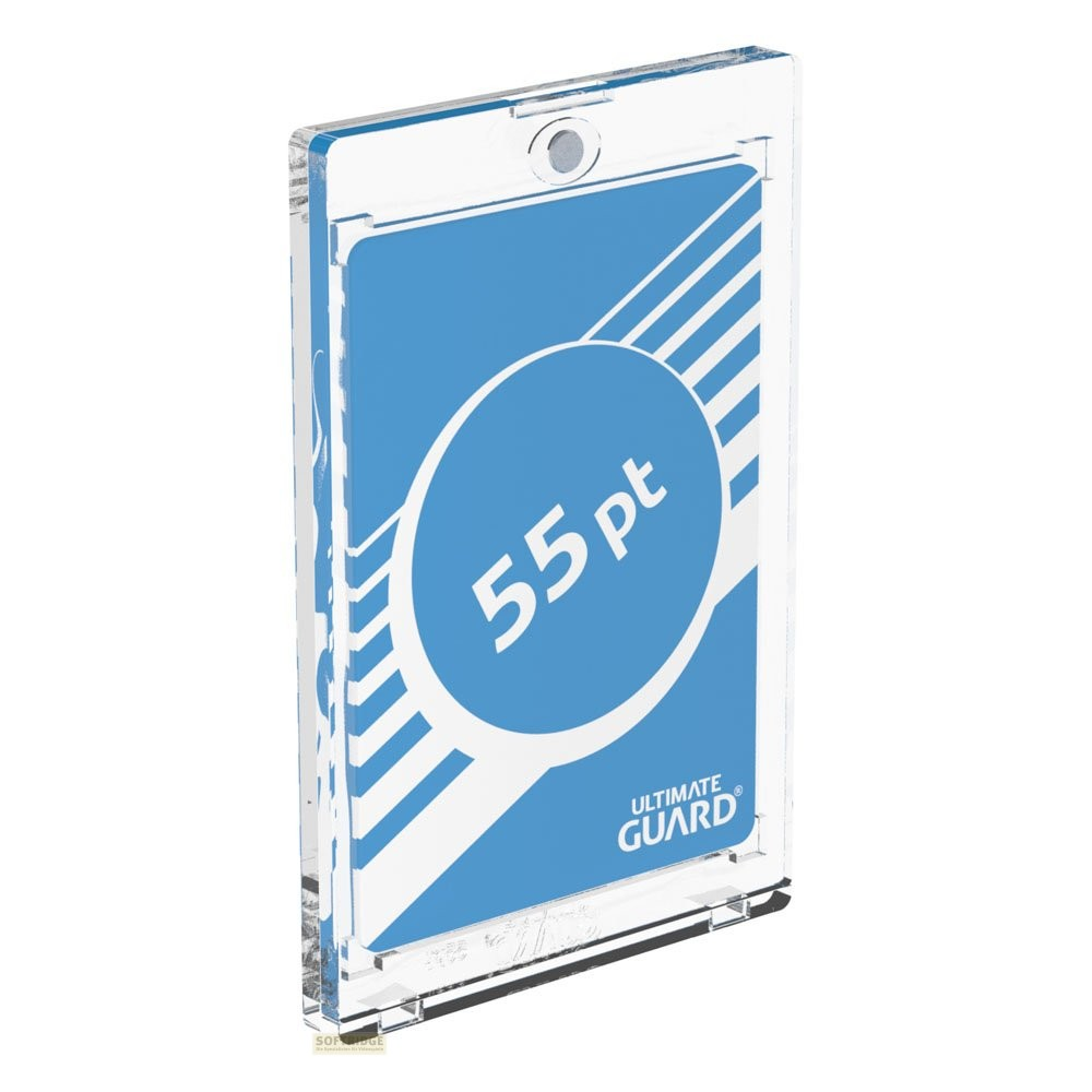 Un porte-carte magnétique en acrylique transparent affichant un insert bleu avec '55 pt' et le logo Ultimate Guard.