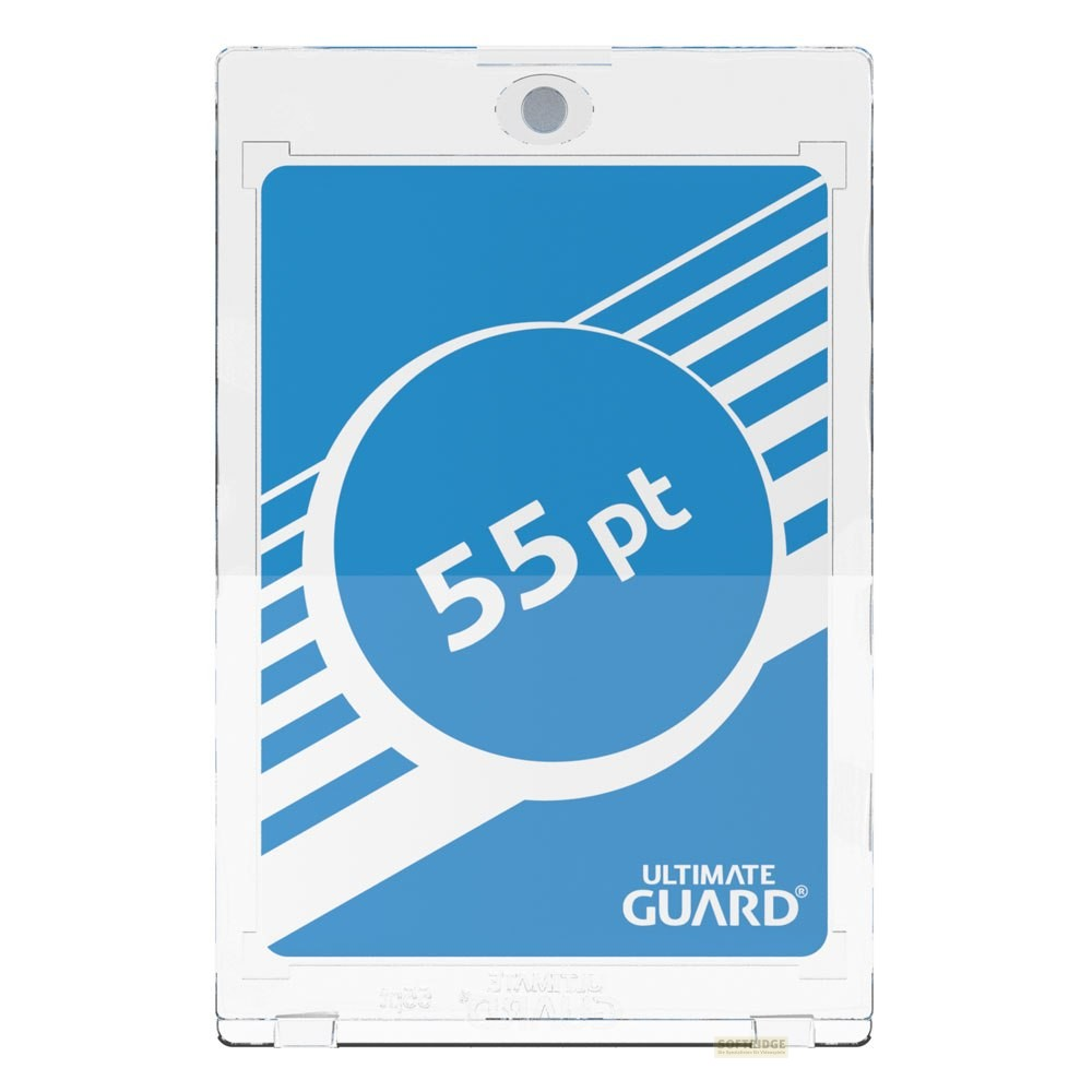 Porte-carte en acrylique transparent avec une insertion bleue affichant "55 pt" et le logo "Ultimate Guard".