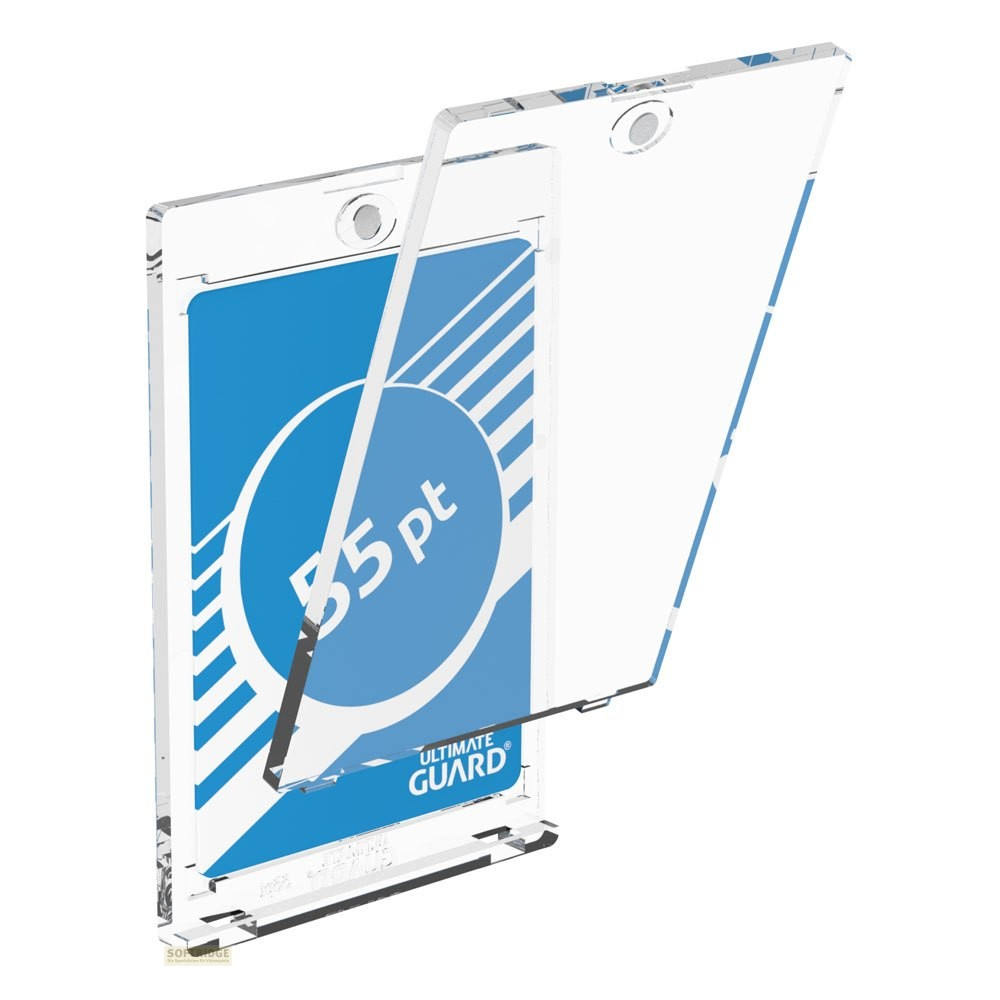 Un porte-carte à collectionner en acrylique ouvert avec une carte bleue affichant 55 pt.