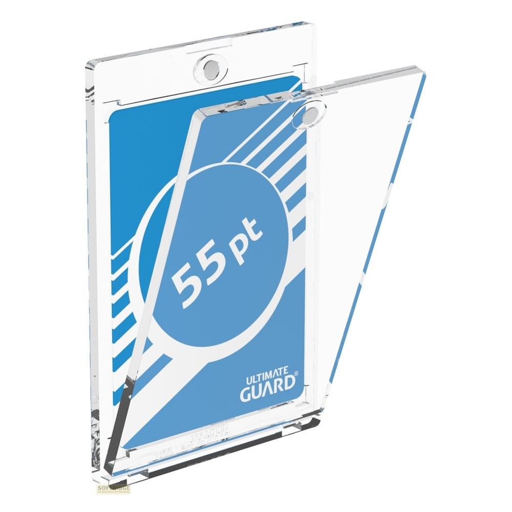 Un porte-carte magnétique transparent Ultimate Guard avec une carte promotionnelle bleue affichant le texte 55 pt.