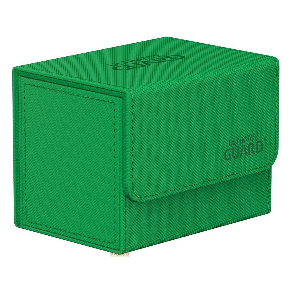 Une boîte de deck Ultimate Guard verte texturée avec le logo en relief sur le rabat avant et le dessus.